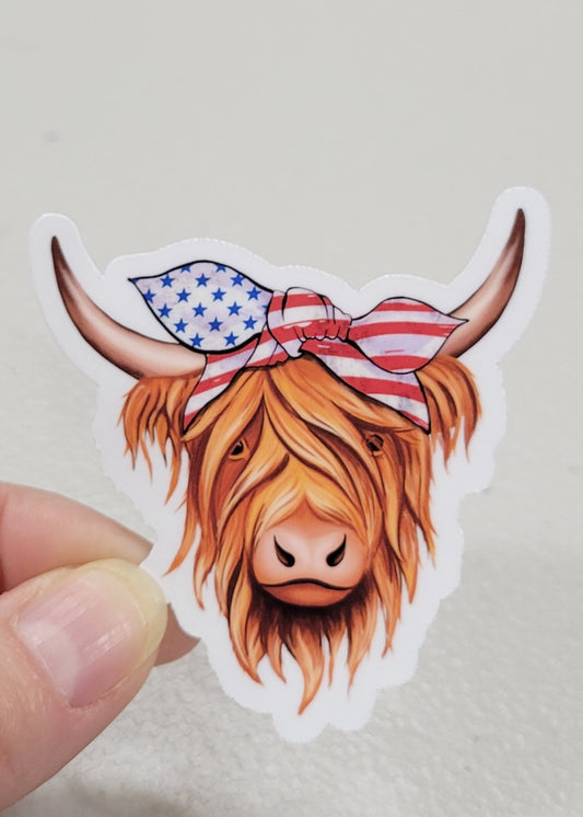 Patriotic Highland Cow Sticker